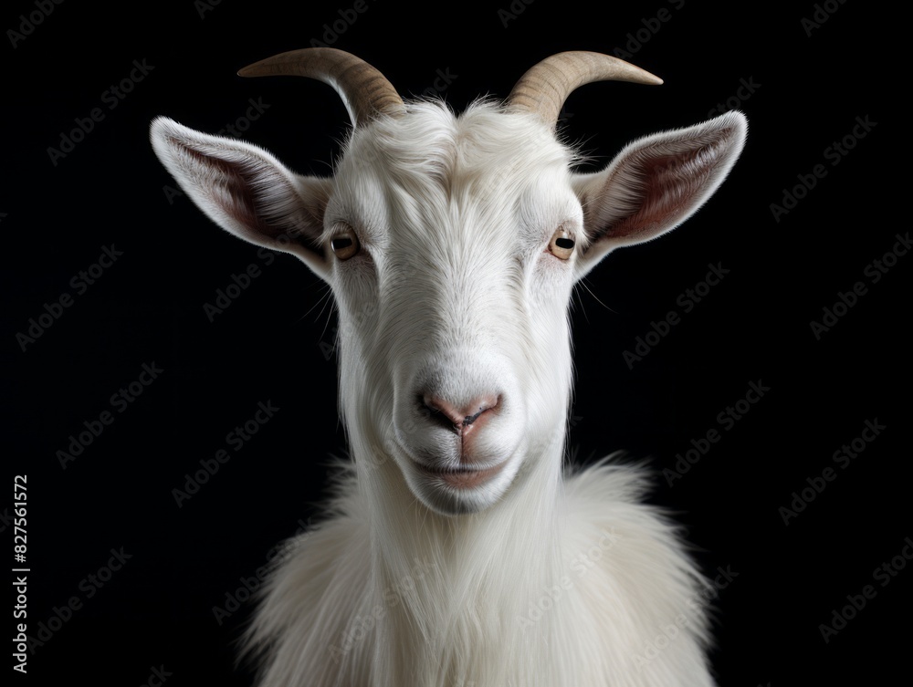 A white goat with horns is looking at the camera. A white goat with horns is looking at the camera.