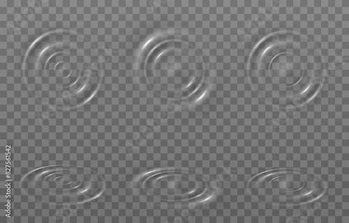 Vector wave circles on the water surface. Water ripples png. Water movement, water or sound effect on isolated transparent background.
