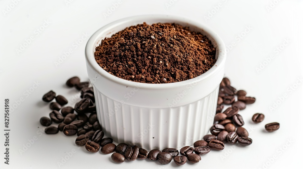 Coffee powder in a white container With black coffee beans Coffee powder in a white container With black coffee beans
