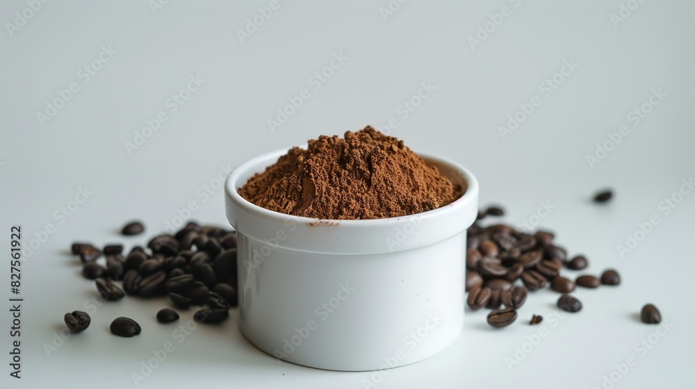 Coffee powder in a white container With black coffee beans Coffee powder in a white container With black coffee beans