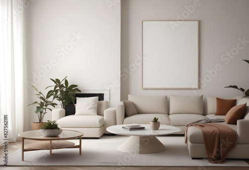 Frame mockup, ISO A paper size. Living room poster mockup. Modern interior design. Living room Interior mockup with house background. 3D render