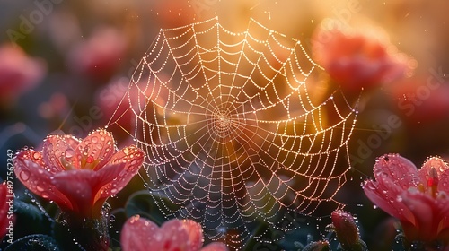 Close focus on a spider web glistening with morning dew among garden plants © จิดาภา มีรีวี