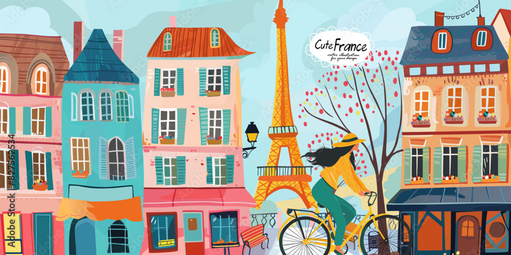 France and Paris. Travel.Vector cute illustrations of Eiffel tower, alleys, street, house, park, woman on bicycle, triumphal arch, alley,  for card, poster, banner or background