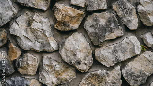 Rough stone wall with irregularly shaped rocks in various shades of grey and beige, creating a rugged texture.