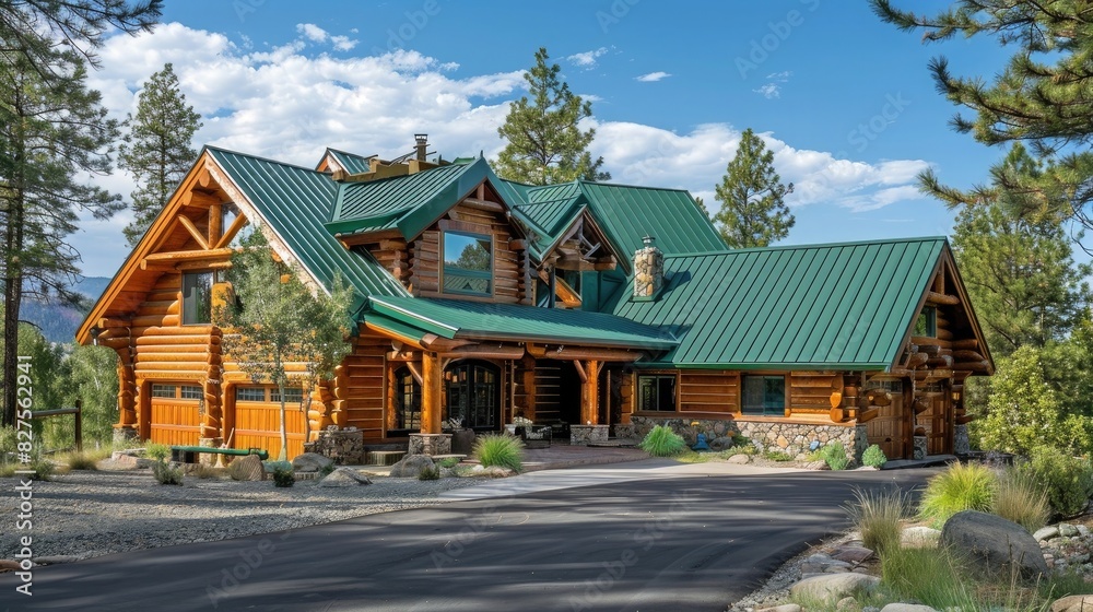 a beautiful log cabin with green metal roof, front view of the house in idaho with pine trees and blue sky, large driveway for cars,
