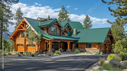 a beautiful log cabin with green metal roof, front view of the house in idaho with pine trees and blue sky, large driveway for cars, photo