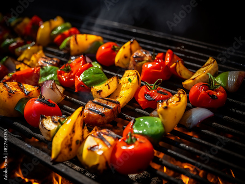 Barbecue grill sizzles with vibrant veggies like tomatoes, bell peppers, onions, and eggplant