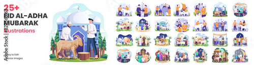 Mega Collection of Eid Al Adha Illustrations. Muslims Prepare Livestock to Be Sacrificed. People Celebrate Eid Al Adha