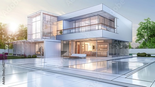3D rendering of modern house with sketch blueprint, family home in garden on summer day