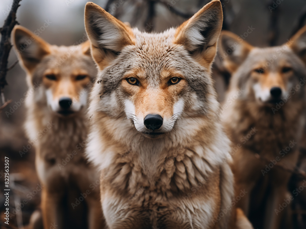 Zoom in on a group of wild coyotes in their natural environment Zoom in on a group of wild coyotes in their natural environment