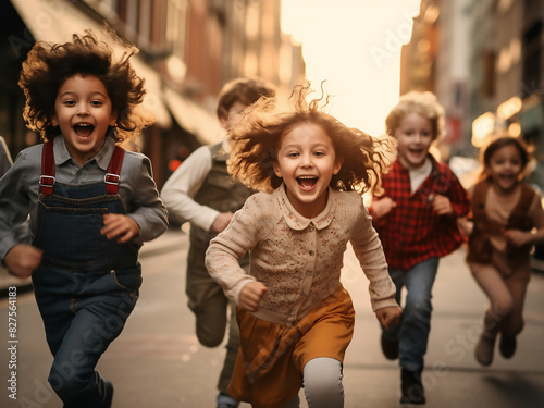 Children happily dash along the urban streets photo