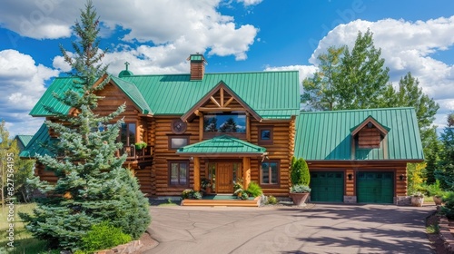 a beautiful log cabin with green metal roof, front view of the house in idaho with pine trees and blue sky, large driveway for cars, © Ammar