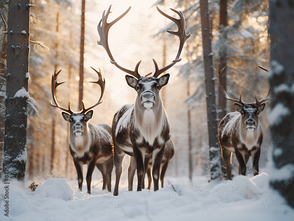 A herd of reindeer navigates through a snow-covered woodland A herd of reindeer navigates through a snow-covered woodland
