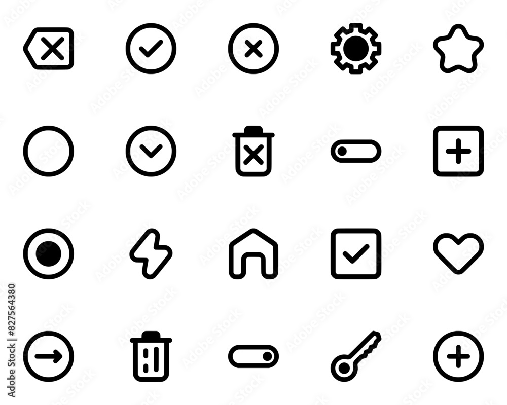 Set Of Ui Action Icons Isolated Silhouette Solid Icons With Essential,Basic,Ui,Delete,Plus Outline Icons Collection. Simple Vector Illustration