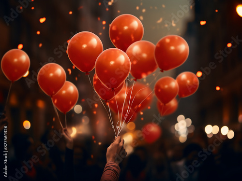 Party attendees hold vibrant balloons amidst bokeh lights