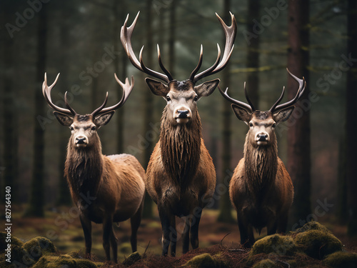 Majestic red deer stags grace a serene forest clearing