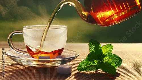 Pouring black tea into glass cup on wooden table