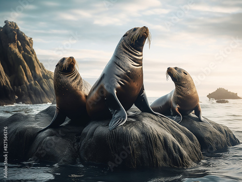 Sea lions bask leisurely on rocky outcrops by the shore photo