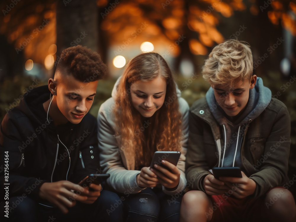Teens engrossed in mobile chats, absorbed in their screens Teens engrossed in mobile chats, absorbed in their screens