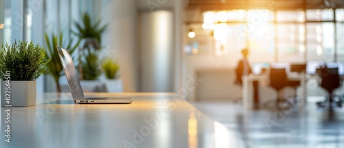 Modern office space with open layout  featuring a laptop on a desk and green plants. Clean  bright  and professional workspace environment.