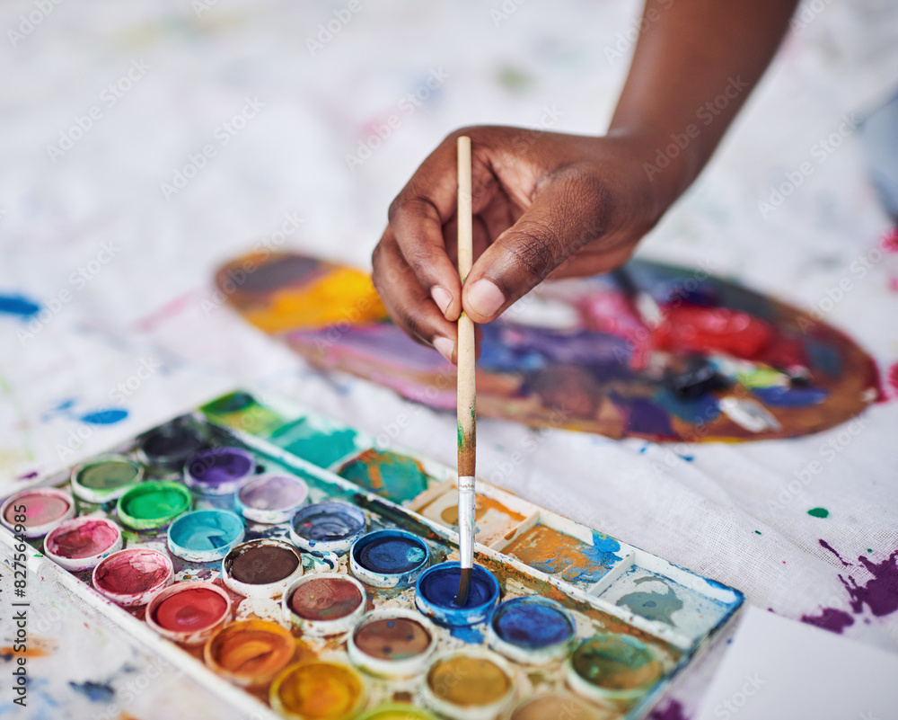 Paintbrushes, art and hands for palette in studio, color and craft in small business and shop. Workshop, equipment and supplies for person, container and project, artist and painting in store Paintbrushes, art and hands for palette in studio, color and craft in small business and shop. Workshop, equipment and supplies for person, container and project, artist and painting in store