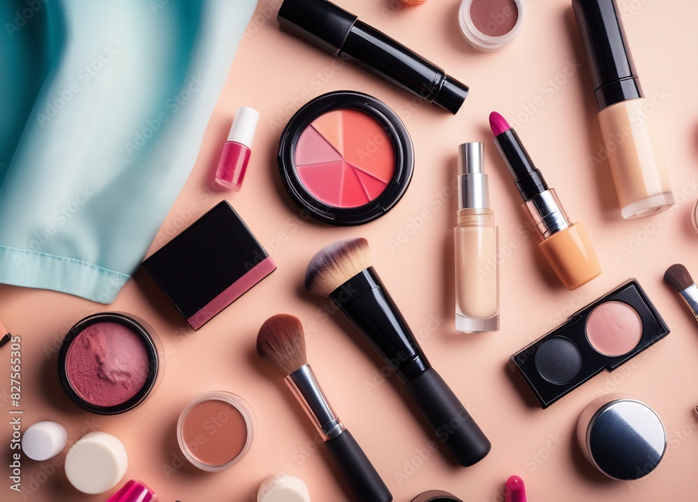 An exquisite collection of everyday cosmetics elegantly laid out on a dressing table. The assortment, featuring lipsticks, brushes, and nail polish.