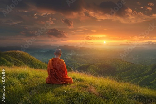 Buddhist monk in meditation at beautiful sunset or sunrise background on high mountain