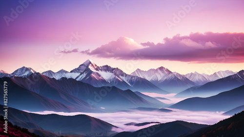 A breathtaking view of a mountain range with the first light of dawn illuminating the peaks. The sky is painted with hues of pink  orange  and purple  while a layer of mist covers the valleys below. T