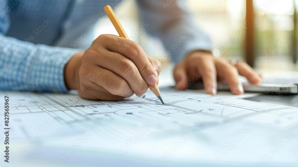 Closeup of hands marking a blueprint with a pencil, industrial site in the background, bright and clean Closeup of hands marking a blueprint with a pencil, industrial site in the background, bright and clean