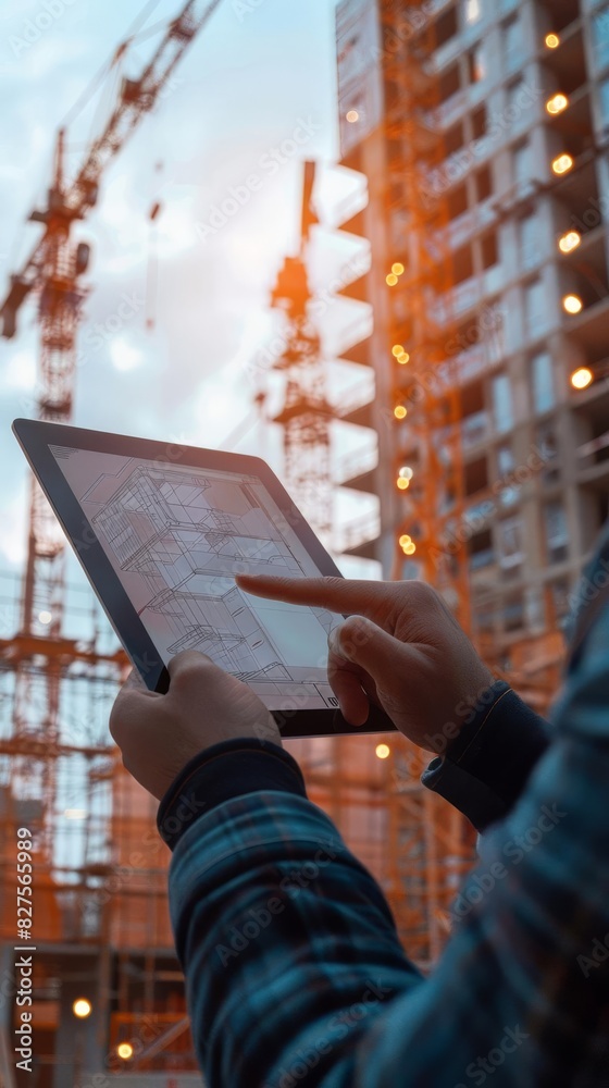 Closeup of hands using a tablet for architectural drawings, construction background, bright and modern Closeup of hands using a tablet for architectural drawings, construction background, bright and modern