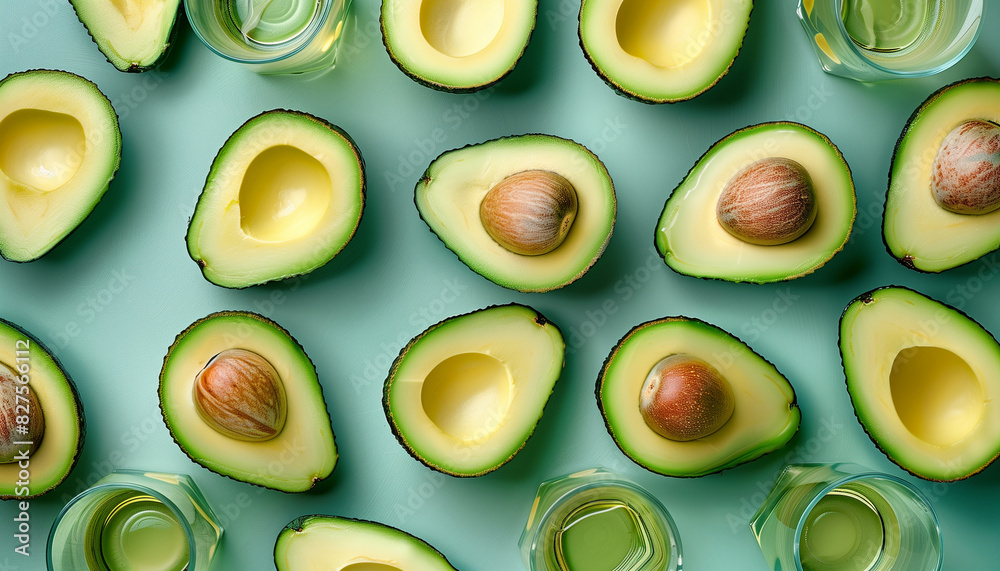Overhead view of ripe avocado halves and oil placed in a pattern on a teal background, perfect for national avocado day celebrations and healthy lifestyle themes Overhead view of ripe avocado halves and oil placed in a pattern on a teal background, perfect for national avocado day celebrations and healthy lifestyle themes