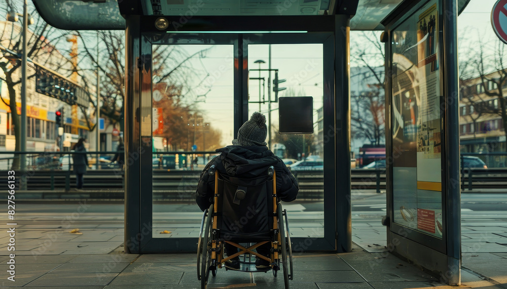 A woman in a wheelchair sits on a bench outside a bus stop by AI generated image A woman in a wheelchair sits on a bench outside a bus stop by AI generated image