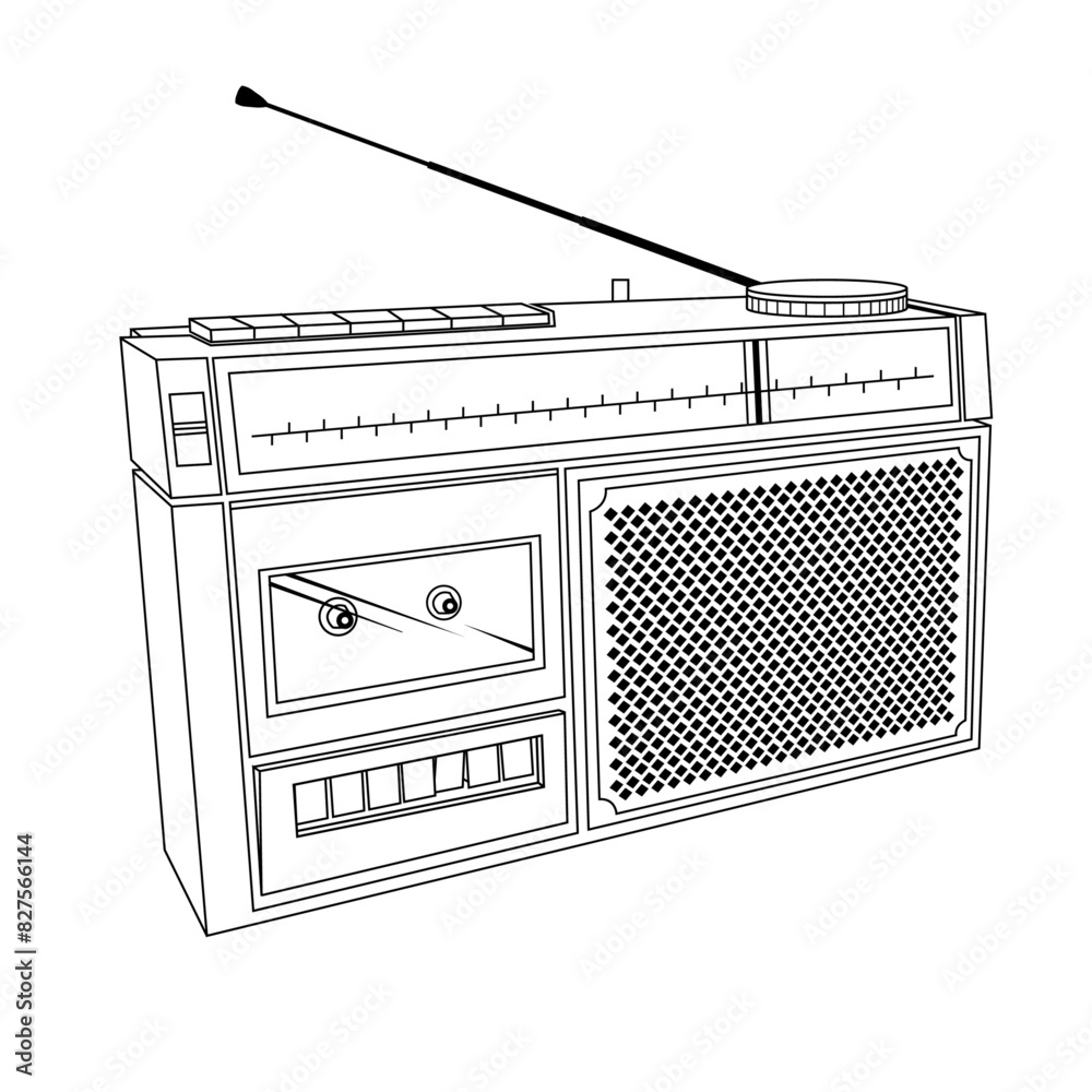 Radio cassette tape player recorder music record line art vector ...