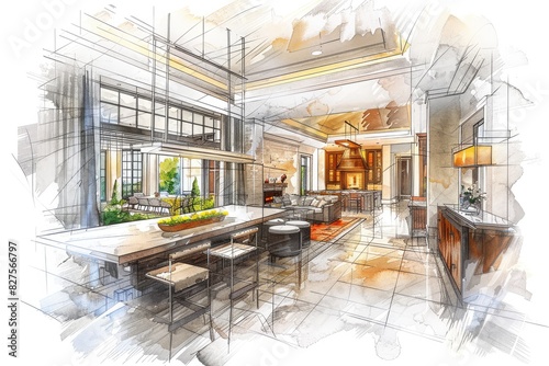 Linear sketch watercolor and pen of an interior. Room plan. interior Outline sketch drawing perspective.