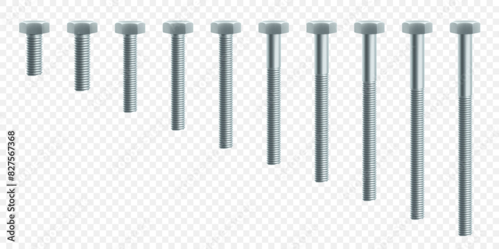 Set of steel bolts and hex nut isolated on white background. stainless steel bolt and nut icon. Set of isometric screw-nuts and bolts. Realistic 3d vector illustration Set of steel bolts and hex nut isolated on white background. stainless steel bolt and nut icon. Set of isometric screw-nuts and bolts. Realistic 3d vector illustration