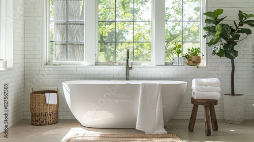 A bathroom with a freestanding tub   clean lines   and minimal accessories