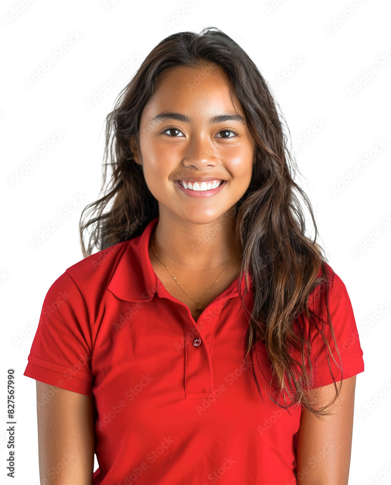 18 years old Polynesian woman wearing red polo t-shirt for costume service uniform. Isolated over transparent background 18 years old Polynesian woman wearing red polo t-shirt for costume service uniform. Isolated over transparent background