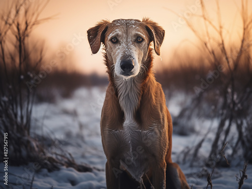 Sighthound dog hunts hare in snowy winter field