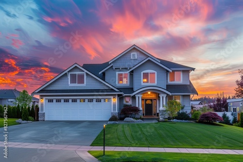 A beautiful two-story suburban home in the Pacific Northwest, with gray shingle walls and a green grass lawn against a colorful sunset sky. A wide-angle photo