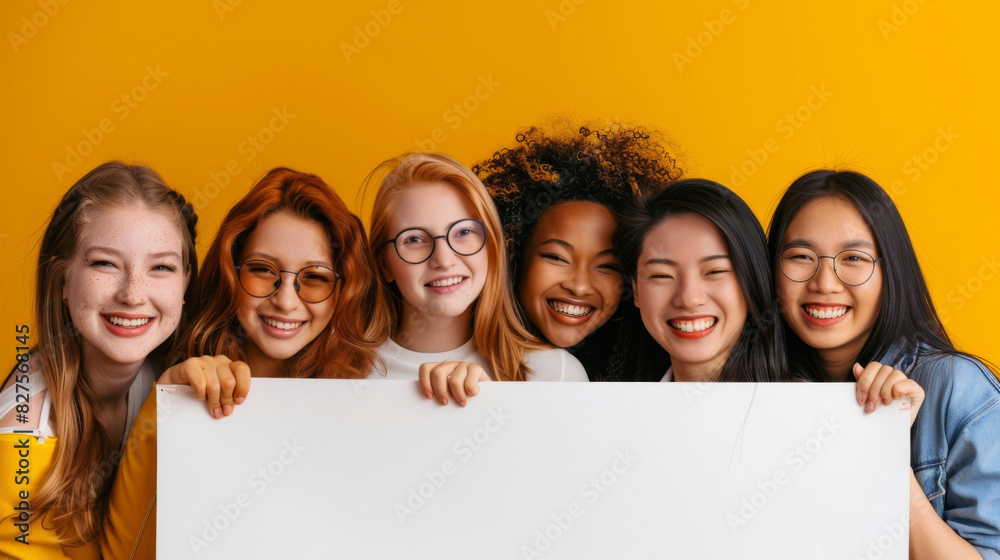 Diverse female friends happily holding a white sign against a yellow backdrop Diverse female friends happily holding a white sign against a yellow backdrop
