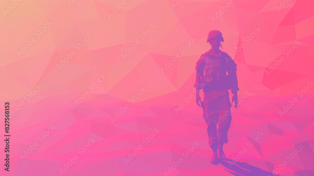 Silhouette of a soldier walking in a vibrant, pink and orange landscape. Silhouette of a soldier walking in a vibrant, pink and orange landscape.