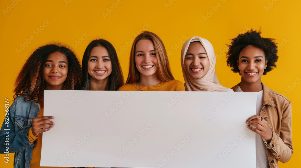 Five cheerful diverse women holding a large blank white banner against a vivid yellow background Five cheerful diverse women holding a large blank white banner against a vivid yellow background