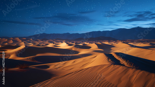 Beautiful desert landscape and sand dunes at night under full moon