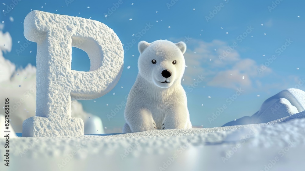 A cartoon bear stands in front of a large P
