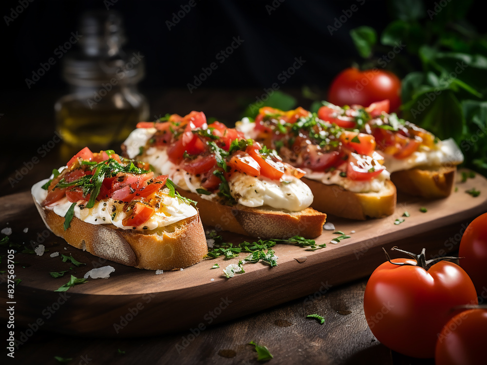 Delightful Italian bruschetta, tomatoes and mozzarella atop Delightful Italian bruschetta, tomatoes and mozzarella atop
