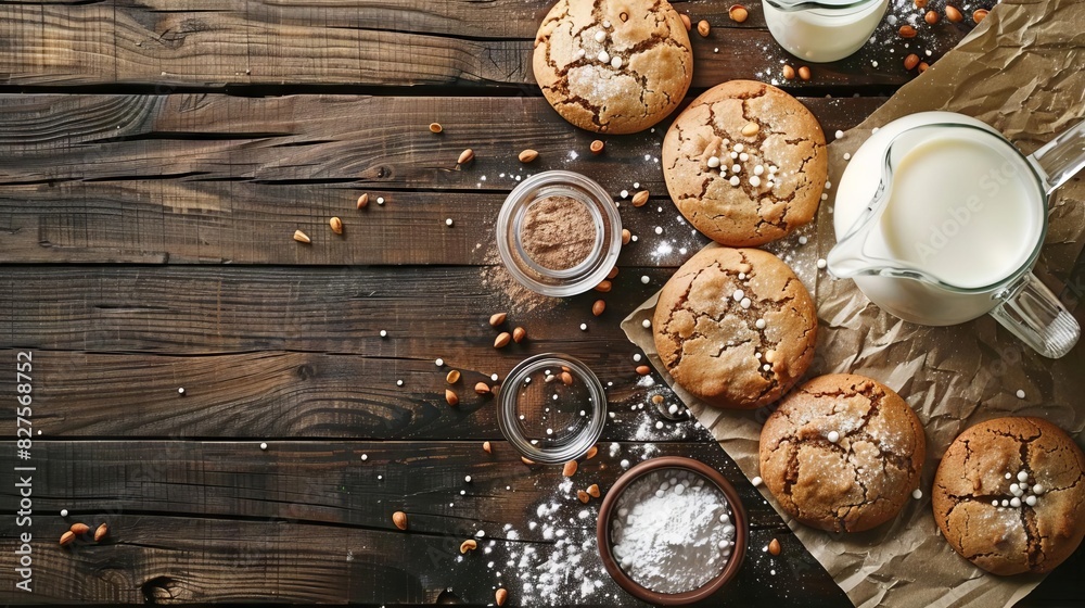 homemade cookies on rustic wooden table with milk jug and glasses overhead view food photography homemade cookies on rustic wooden table with milk jug and glasses overhead view food photography