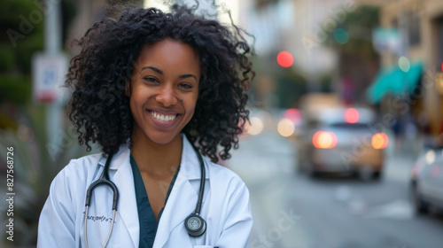 Confident young female doctor with stethoscope smiling on a city street