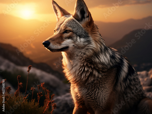 Sunset paints the mountains as a jackal roams in the wild photo