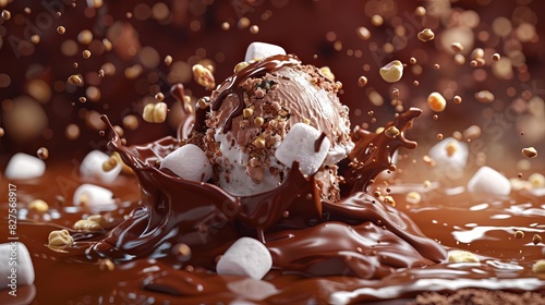 indulgent rocky road ice cream melting luxuriously with marshmallows and nuts rich chocolate background 3d illustration photo