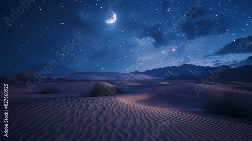 Beautiful desert landscape and sand dunes at night under full moon